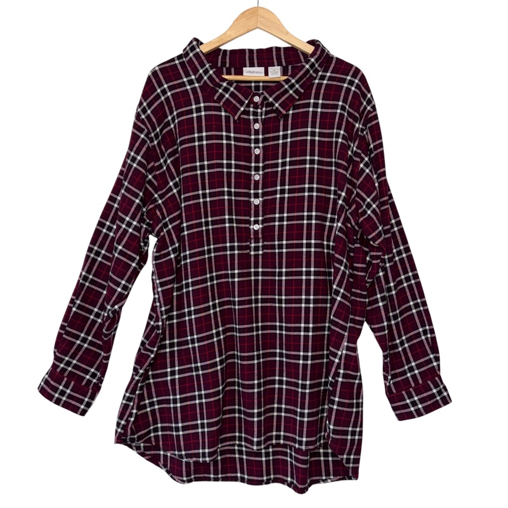 The Vermont Country Store Flannel Cotton Tunic Womens Plaid Henley 3X Burgundy